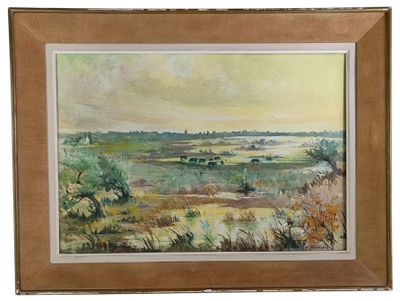 une image représentant un tableau représentant un paysage avec des vaches au loin