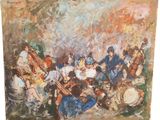 painting of a group of people playing instruments in a field
