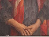 a painting of a woman holding a red scarf