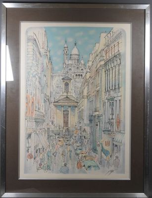 tableau représentant une rue de la ville avec une fontaine au milieu