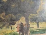 a painting of a horse drawn carriage on a road