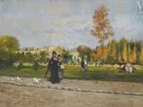 tableau représentant une femme promenant son chien dans un parc en compagnie d'un homme et d'une femme