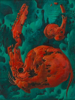 painting of a red crab on a green background with bubbles