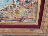 a painting of a boat on the water with people on it