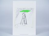 drawing of a man standing on a ladder holding an umbrella in the rain
