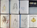 several sketches of a woman riding a horse in a book