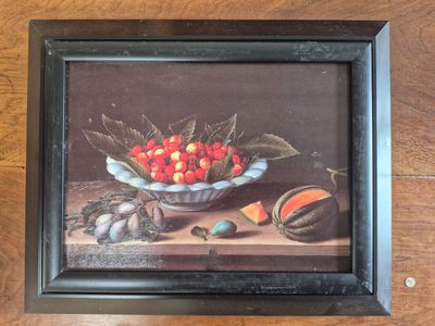 painting of a bowl of cherries and fruit on a table