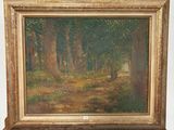 une peinture à l'huile représentant une scène de forêt avec un banc au premier plan