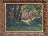 une peinture à l'huile représentant une femme dans un jardin près d'une maison