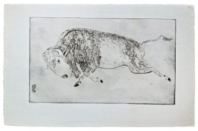 dessin représentant un taureau courant dans un champ, sur fond blanc