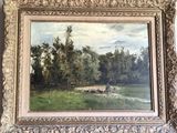 une peinture à l'huile représentant une scène fluviale avec des vaches dans un champ