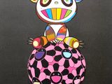 peinture représentant un panda assis sur une balle rose et noire