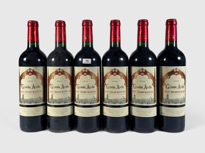 six bouteilles de vin rouge alignées sur une surface blanche