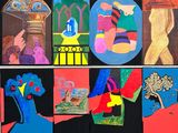 une photo montrant un collage de différents tableaux accrochés au mur