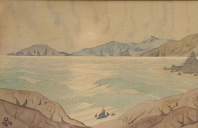 a picture of a painting of a boat in the water