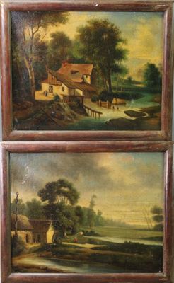 deux tableaux représentant une scène de vie à la ferme, avec une rivière et une maison
