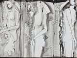 dessin représentant trois femmes debout devant un miroir, sur une photo en noir et blanc