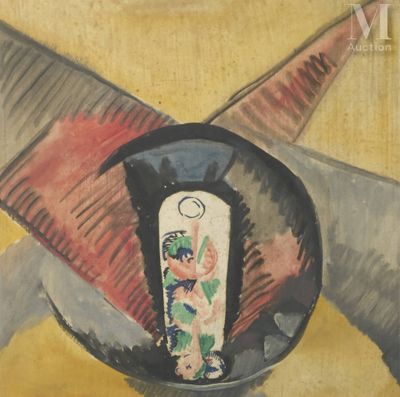 a painting of a vase and a pair of scissors on a table