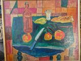 un tableau représentant un couteau et des fruits posés sur une table