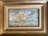 an oil painting of a sunset over a beach with a boat in the water