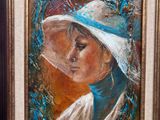 painting of a woman in a white hat with a blue scarf
