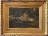 an oil painting of a landscape with trees and rocks in a gold frame