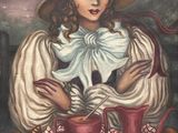 a painting of a woman sitting at a table with a hat on