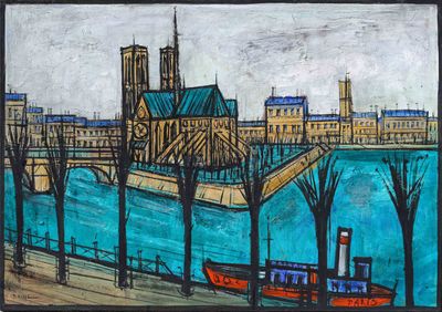 a painting of a boat on the water in front of a building