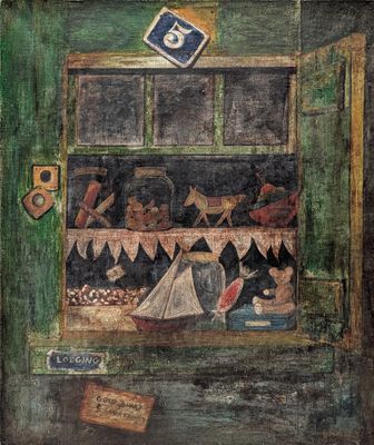 peinture représentant la vitrine d'un magasin avec un bateau à l'intérieur et une pancarte indiquant un numéro au-dessus