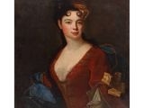 a painting of a woman in a red dress with a blue shawl