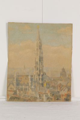 tableau représentant une vue de ville avec le clocher d'une église en arrière-plan