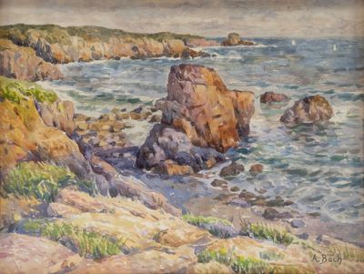 painting of a rocky coast with a body of water in the foreground