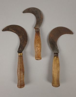 deux vieux outils à manche en bois posés l'un à côté de l'autre sur une surface blanche