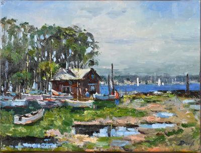 un tableau représentant des bateaux au bord d'un lac