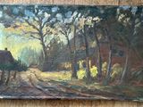 an oil painting of a country road with a horse drawn carriage