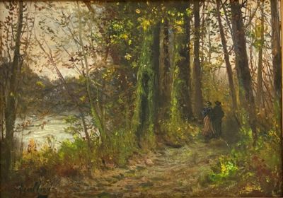 un tableau représentant un homme et une femme se promenant dans les bois