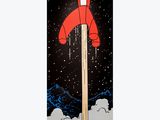 un skateboard surmonté d'une fusée, dans le ciel