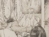 drawing of a man and a woman cooking meat in a kitchen