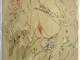an image of a drawing of a man and a woman on a horse