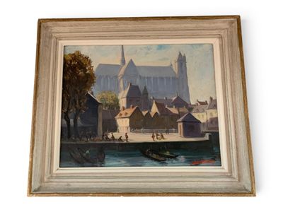 an image of a painting of a city with a boat in the foreground
