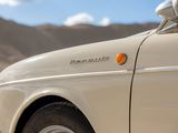 a close up of a white car with a mountain in the background