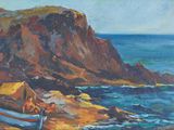 a painting of a boat on the shore by the water