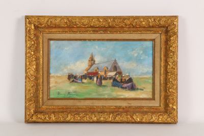 an oil painting of a village scene with a church in the background