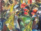 an oil painting of a vase of flowers on a table