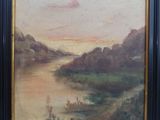 an oil painting of a landscape with a river in the foreground