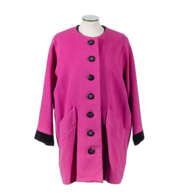 the coat is pink and black and has buttons on the front