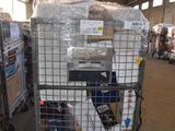 a cart with a lot of items in it in a warehouse