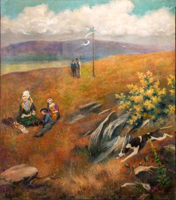an oil painting of a group of people in a field with a dog