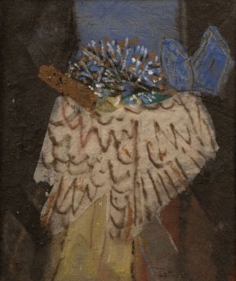 une peinture à l'huile représentant un vase rempli de fleurs posé sur une table