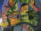 a painting of a guitar and a vase of flowers on a table